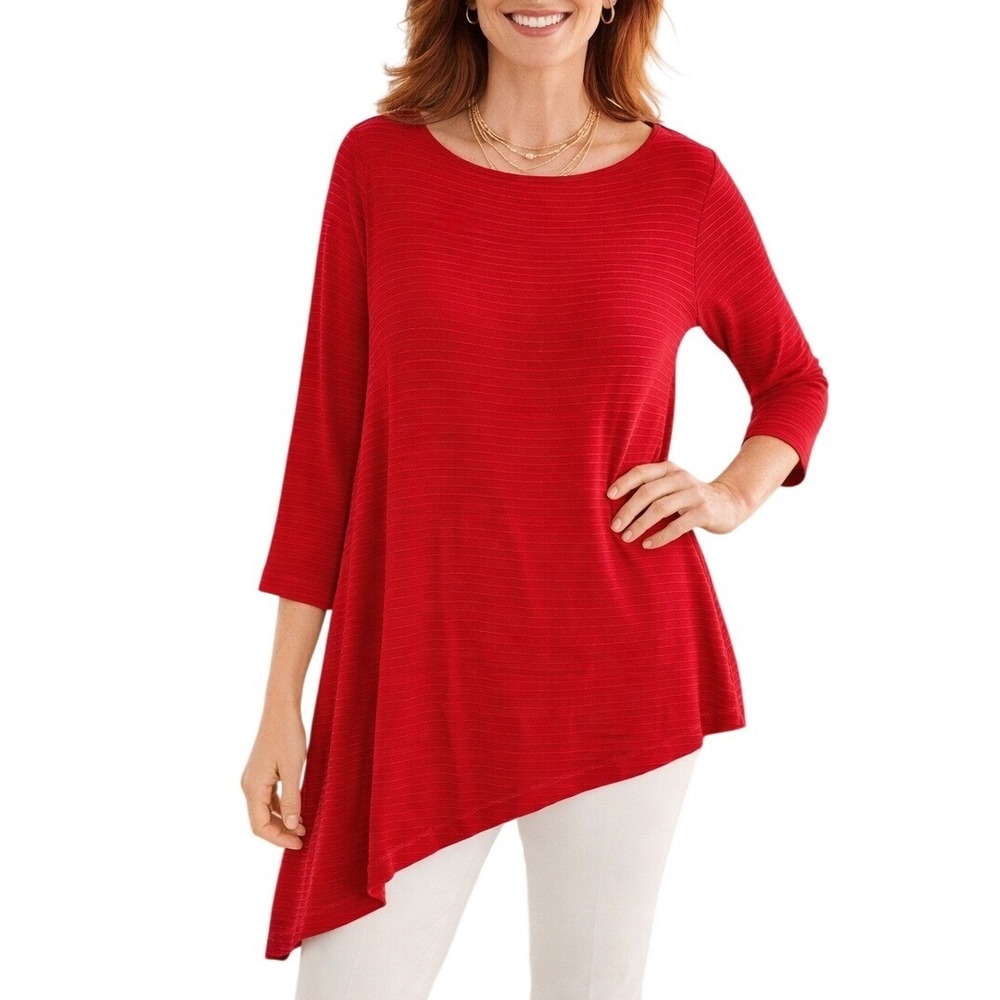 Chicos Travelers Tunic Womens Large Red Asymmetric Ribbed 3/4 Sleeve Top Stretch